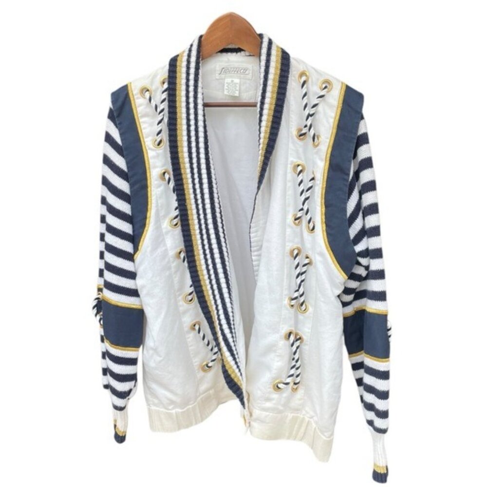 Vintage Sideffects Womens Open Cardigan White/Navy S  Cotton Striped Nautical